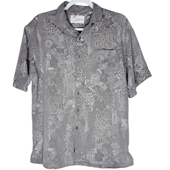 Kahala Mens Jacquard Floral Short Sleeve Apana Button-up Aloha Shirt Gray Medium - Picture 1 of 9